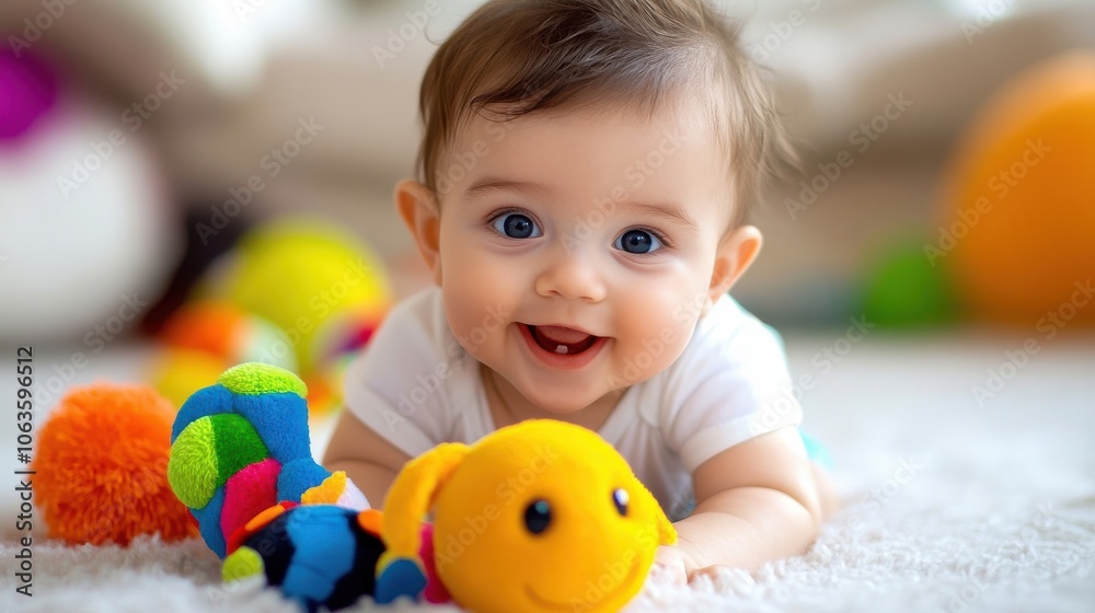 A baby is laying on the floor with a yellow toy A baby is laying on the floor with a yellow toy