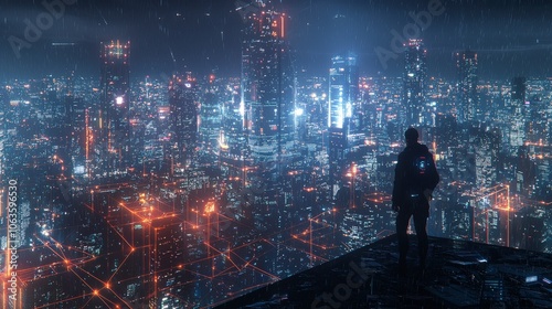 A solitary figure overlooks a rainy cityscape, illuminated by neon lights and a digital grid, evoking a cyberpunk aesthetic and futuristic solitude.