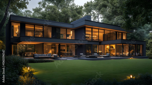 Modern Black House with Warm Lighting 3D Illustration
