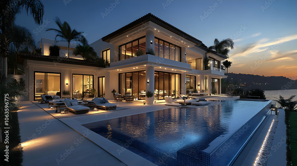 Fototapeta premium Modern Luxury Villa with Infinity Pool and Ocean View - 3D Illustration