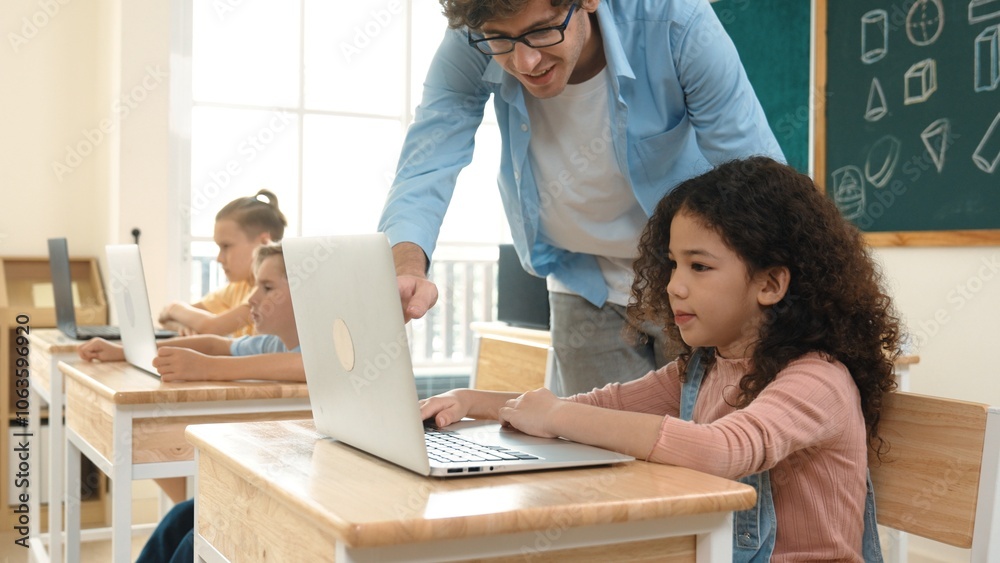 American girl learning about coding engineering prompt while diverse students sitting at STEM technology class. Multicultural children working on laptop to generated AI by using software. Pedagogy. American girl learning about coding engineering prompt while diverse students sitting at STEM technology class. Multicultural children working on laptop to generated AI by using software. Pedagogy.