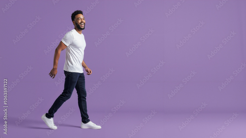 Confident Man Striding Forward: Trendy Fashion on Purple Background for Lifestyle Marketing Confident Man Striding Forward: Trendy Fashion on Purple Background for Lifestyle Marketing