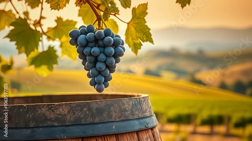 A single bunch of ripe grapes hangs from a vine against a blurred background of golden fields and a wooden barrel in the foreground.