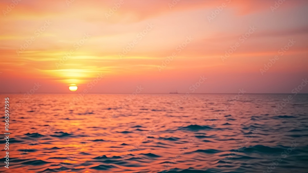 Obraz premium A Blurred View of the Horizon at Sunset, with the Sun and the Clouds Reflecting in the Rippling Water