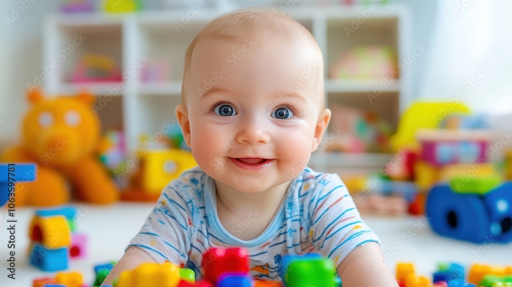 A baby is smiling and playing with a pile of colorful blocks A baby is smiling and playing with a pile of colorful blocks