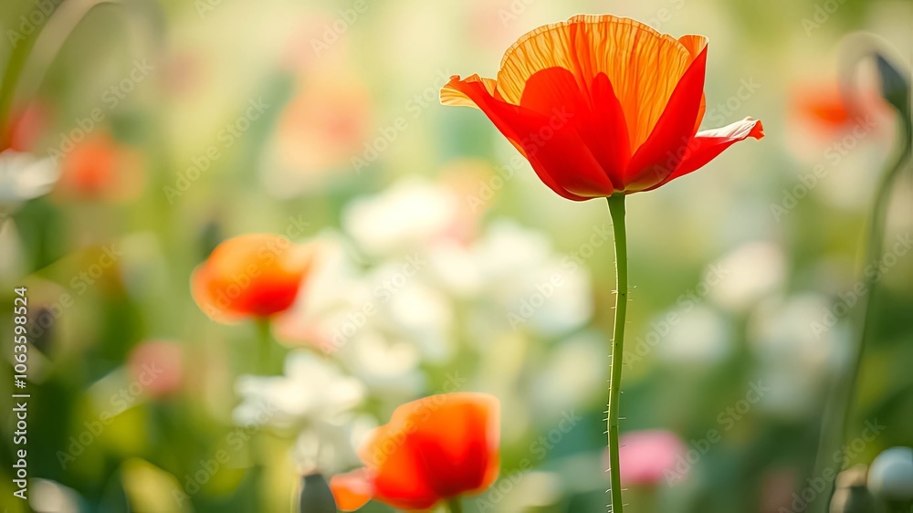 A single poppy flower stands tall, bathed in the soft glow of a sunlit meadow, its delicate petals unfurling amidst a sea of blurry white and green. A single poppy flower stands tall, bathed in the soft glow of a sunlit meadow, its delicate petals unfurling amidst a sea of blurry white and green.