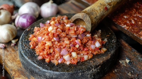 Traditional tool called ulekan with onion and garlic on it to make sambal bawang. photo