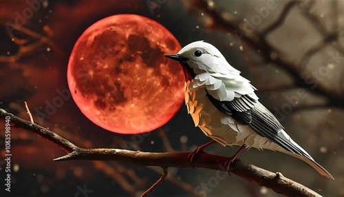 A delicate paper bird perches on a bare branch, gazing at a striking red moon.  photo