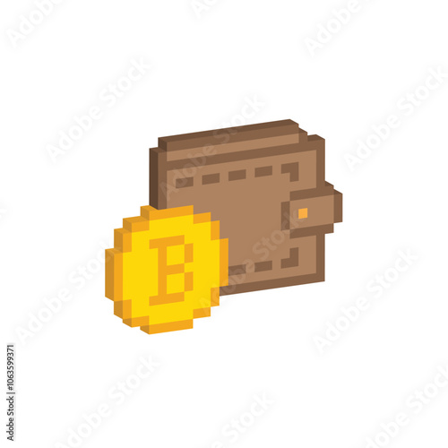 isometric bitcoin wallet icon 8 bit, pixel art for game logo. cryptocurrency blockchain icon
