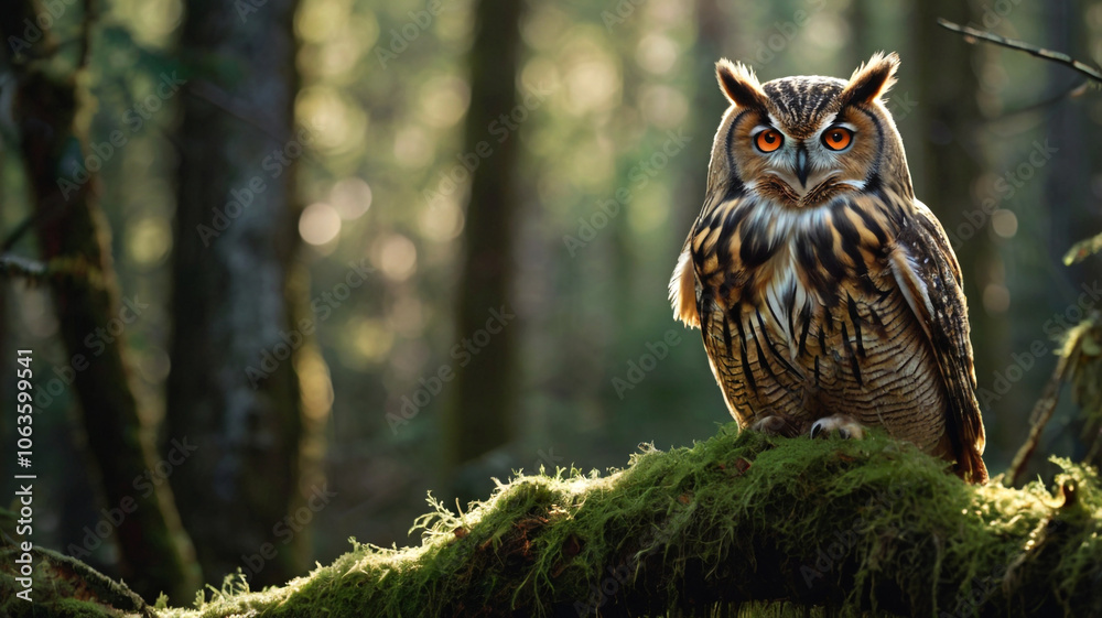 Detailed macro of an owl perched on a mossy branch with soft feathers blending into the forest highlighting the quiet elegance of nature