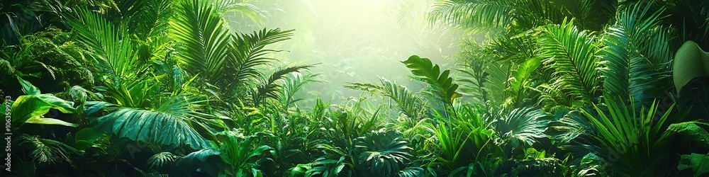 Lush jungle foliage with sun rays breaking through