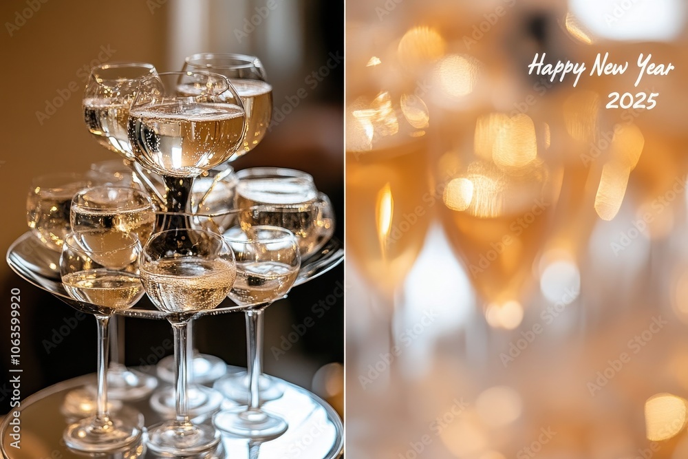 Champagne Tower Collage: Photos of a champagne tower at a party. The text Champagne Tower Collage: Photos of a champagne tower at a party. The text