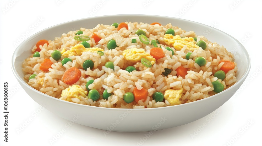 A hearty bowl of fried rice with scrambled egg, peas, and carrots, garnished with green onions, perfect for an inviting homemade meal A hearty bowl of fried rice with scrambled egg, peas, and carrots, garnished with green onions, perfect for an inviting homemade meal