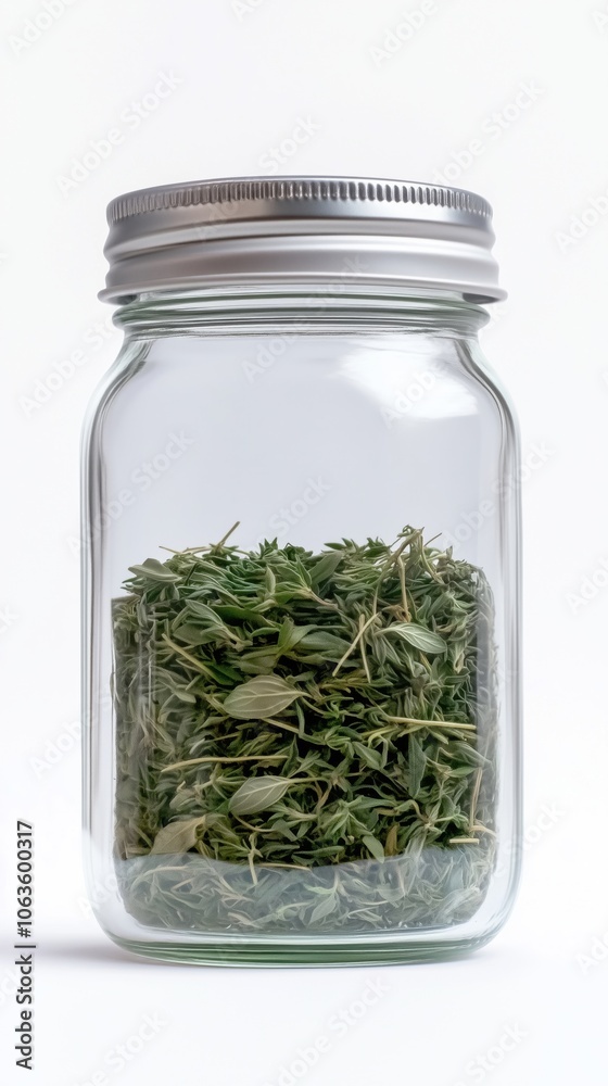 Glass jar filled with dried herbs on a white background, perfect for cooking and preserving flavors. Glass jar filled with dried herbs on a white background, perfect for cooking and preserving flavors.