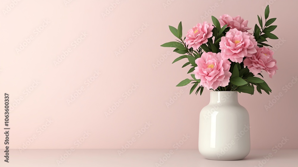 A beautiful floral arrangement of pink flowers in a white vase against a soft pink background, perfect for home decor. A beautiful floral arrangement of pink flowers in a white vase against a soft pink background, perfect for home decor.
