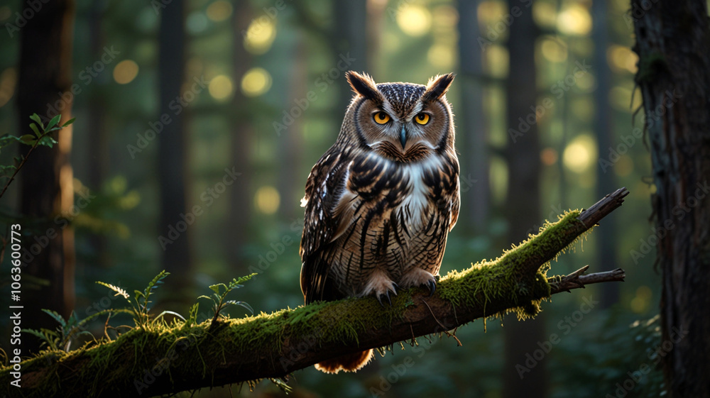 Macro shot of an owl in a forest at dusk with amber eyes and soft feathers reflecting the gentle beauty and stillness of nature