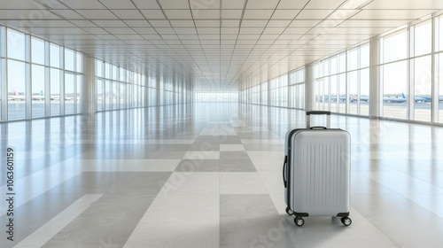 A single suitcase in a vast, empty airport terminal with large windows, bright lighting, and clean floors, evoking a calm travel ambiance