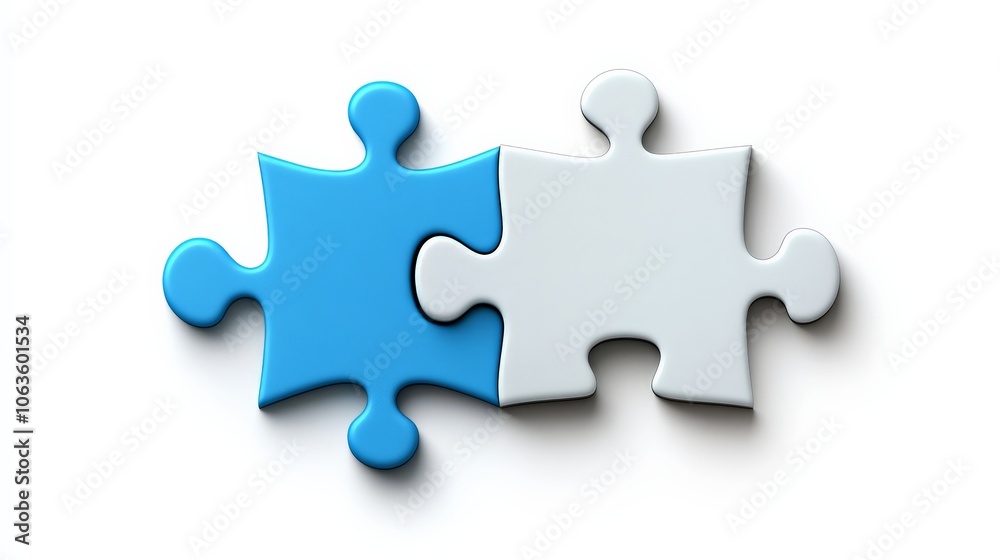 Connecting the Dots: Two puzzle pieces, one light blue and one light gray, interlock perfectly, symbolizing connection, collaboration, and the completion of a task. Connecting the Dots: Two puzzle pieces, one light blue and one light gray, interlock perfectly, symbolizing connection, collaboration, and the completion of a task.