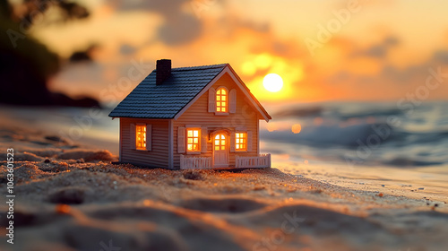 Small House on Beach at Sunset - Realistic Image