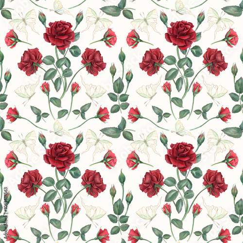 Ruby flowers and green leaves on stems, abstract flying butterflies in art deco style. Red roses watercolor seamless pattern on soft cream background. Blooming summer garden flower illustration