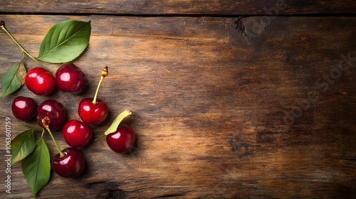 cherries on wooden background