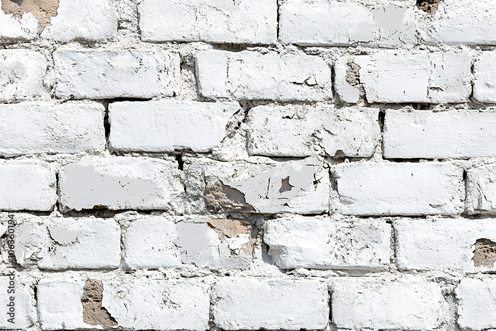 Fototapeta premium A white brick wall texture background with distressed, aged edges and a weathered effect