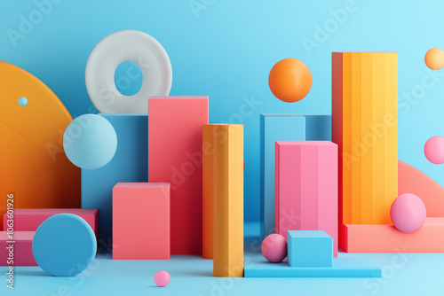 Colorful Abstract Geometric Shapes on Blue Background with Vibrant Pastel Tones