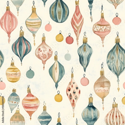 A whimsical pattern of colorful Christmas ornaments in various shapes and sizes, creating a festive and joyful atmosphere.