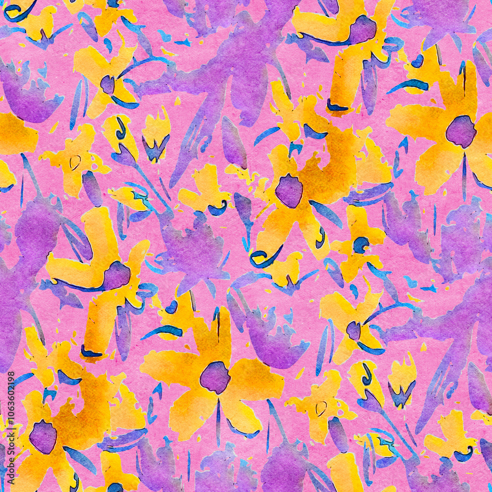 Seamless pattern with bright spring flowers. Digital painting.