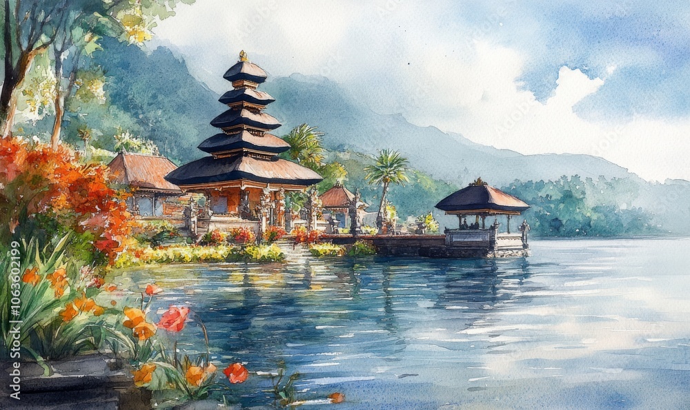 Obraz premium Watercolor Bali holiday tourism, Ulun Danu Bratan Water Temple Bali, Bali, Indonesia