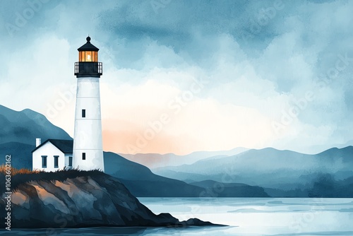 Wallpaper Mural A serene coastal landscape featuring a white lighthouse by the sea, surrounded by misty mountains and a tranquil atmosphere. Torontodigital.ca