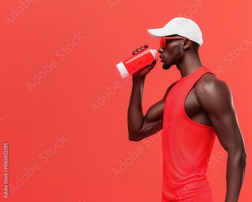 Intense workout scene, athlete with sugarfree drink, endurance theme, 3D illustration photo