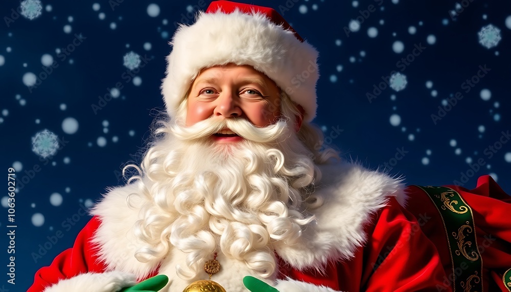 A Santa Claus , with bold red and green colors, golden accents, and a snowy night sky background.