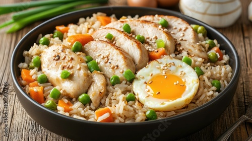 A warm bowl of fried rice with egg and mixed vegetables, garnished with green onions and sesame seeds, ready for a cozy dinner