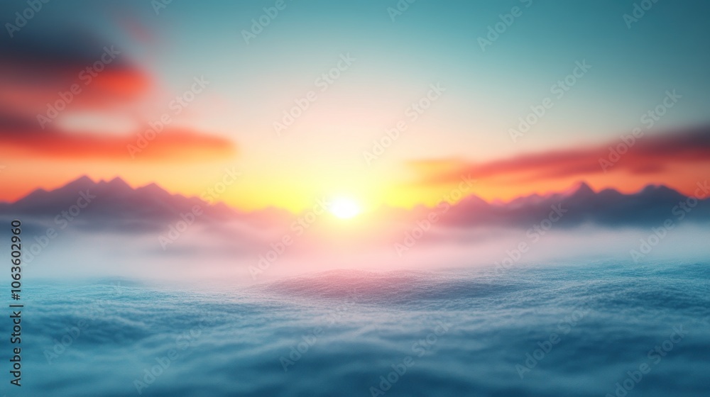 Fototapeta premium Breathtaking sunrise illuminates serene mountains and misty landscape, capturing nature's tranquility