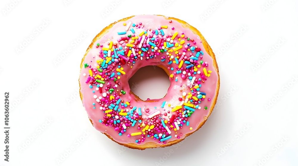 A Whimsical Donut with Pink Icing Rainbow Sprinkles and Edible Glitter on White Background