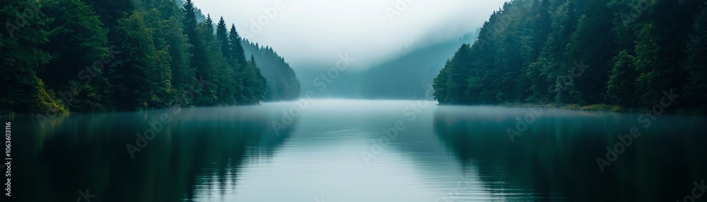 Fototapeta premium A serene landscape featuring a calm lake surrounded by lush trees and a soft fog, creating a tranquil and peaceful atmosphere.