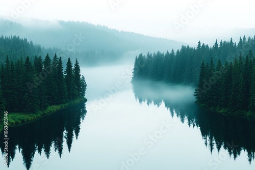 A serene landscape featuring a calm river surrounded by lush pine trees and fog, creating a mystical atmosphere.