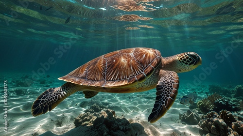 Macro shot of a sea turtle gliding through clear water with dappled sunlight showcasing the beauty of a calm and sunny marine environment photo