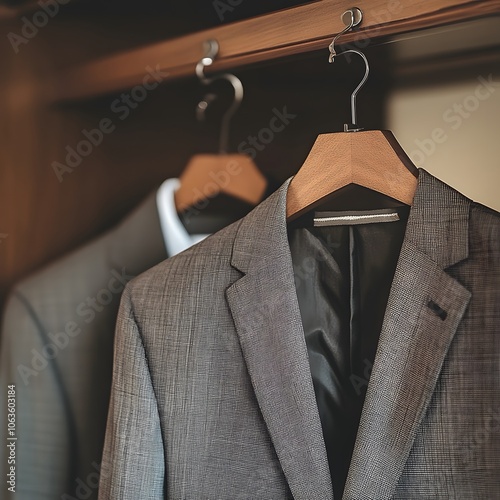 Elegant men's suit on hanger in minimalist wardrobe closet display