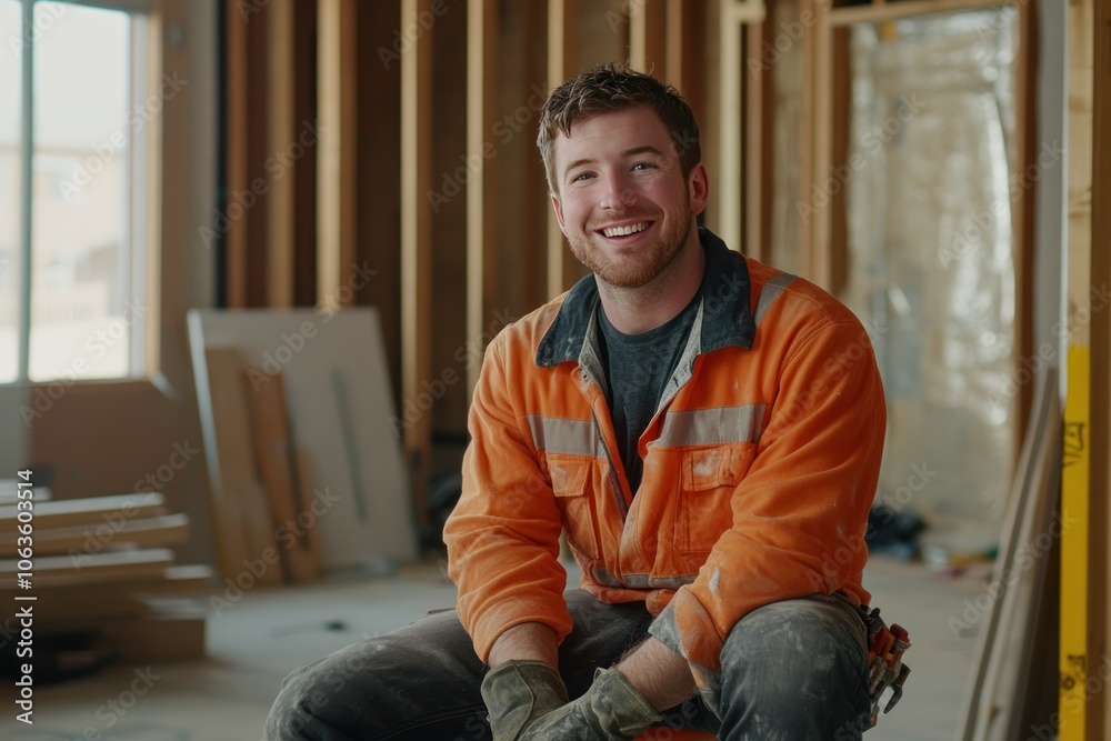 Fototapeta premium Cheerful Male Worker Sitting on Stool at Construction Site