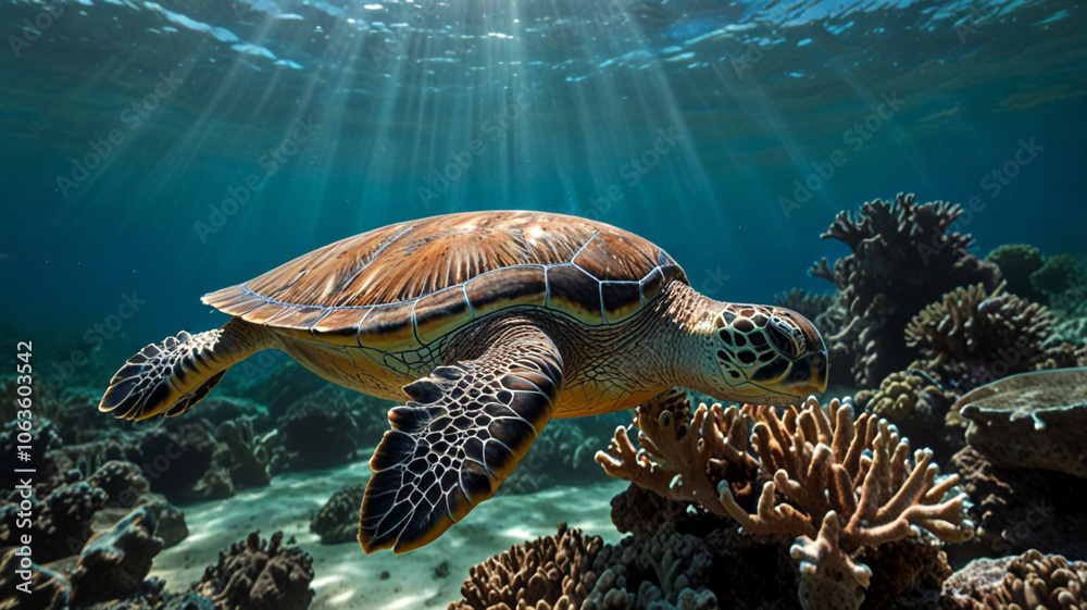 Obraz premium Macro shot of a turtle gliding in clear turquoise water with dappled light highlighting the rich colors of the coral reef and marine life