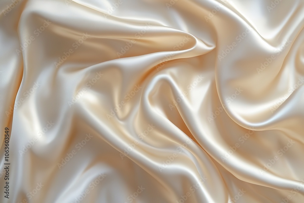 A close-up of the smooth, shiny texture of cream-colored silk fabric with folds and ripples. A close-up of the smooth, shiny texture of cream-colored silk fabric with folds and ripples.