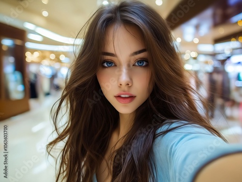 A woman taking a selfie in a shopping mall photo