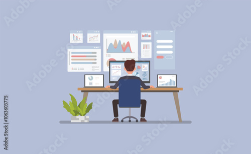 Businessman at a desk with multiple screens displaying graphs, charts, and analytical data character vector illustration design. Data Analysis concept.
