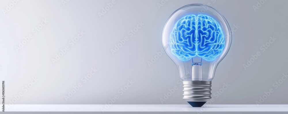 Light bulb with a blue brain illustration, symbolizing innovation and smart ideas, on a clean background. Light bulb with a blue brain illustration, symbolizing innovation and smart ideas, on a clean background.