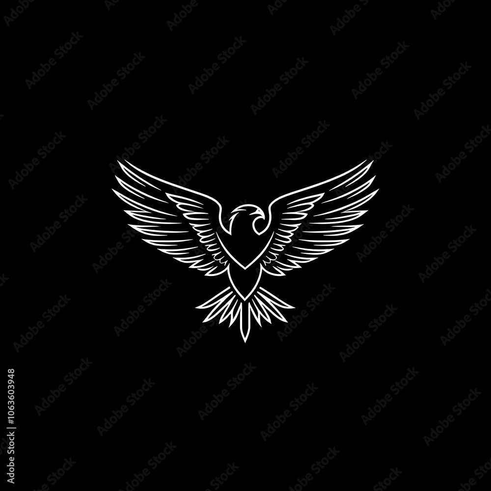 White silhouette of a hawk with spread wings on a black background. White silhouette of a hawk with spread wings on a black background.