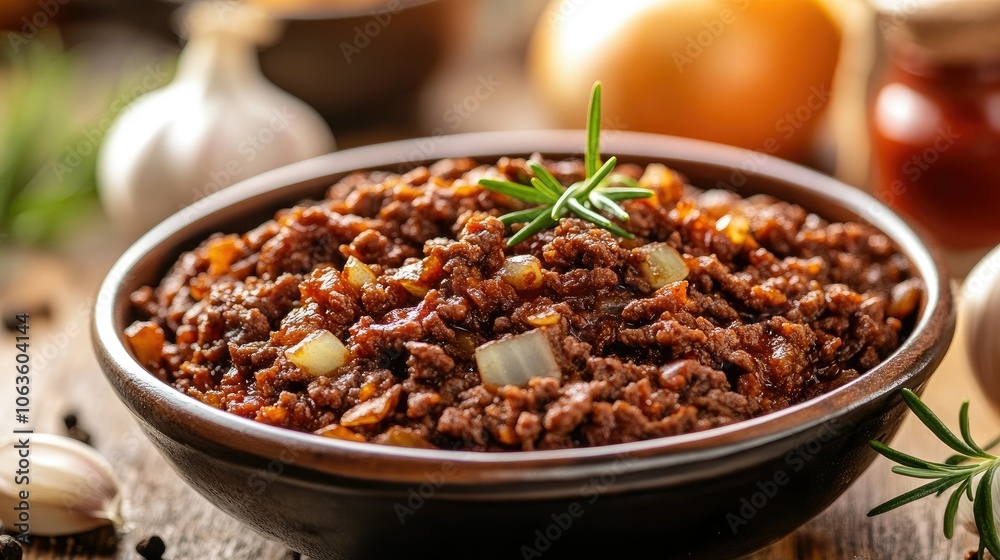 Bowl of minced beef, with chopped onions, garlic, and rosemary, surrounded by cooking ingredients on a wooden table, perfect for hearty recipes Bowl of minced beef, with chopped onions, garlic, and rosemary, surrounded by cooking ingredients on a wooden table, perfect for hearty recipes