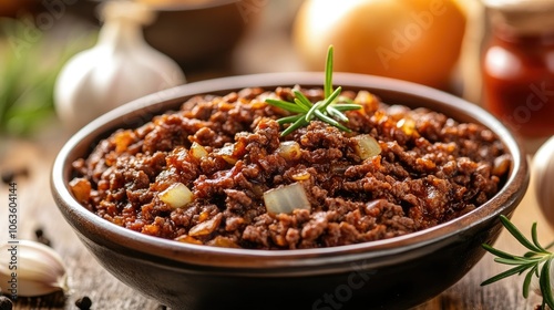 Bowl of minced beef, with chopped onions, garlic, and rosemary, surrounded by cooking ingredients on a wooden table, perfect for hearty recipes