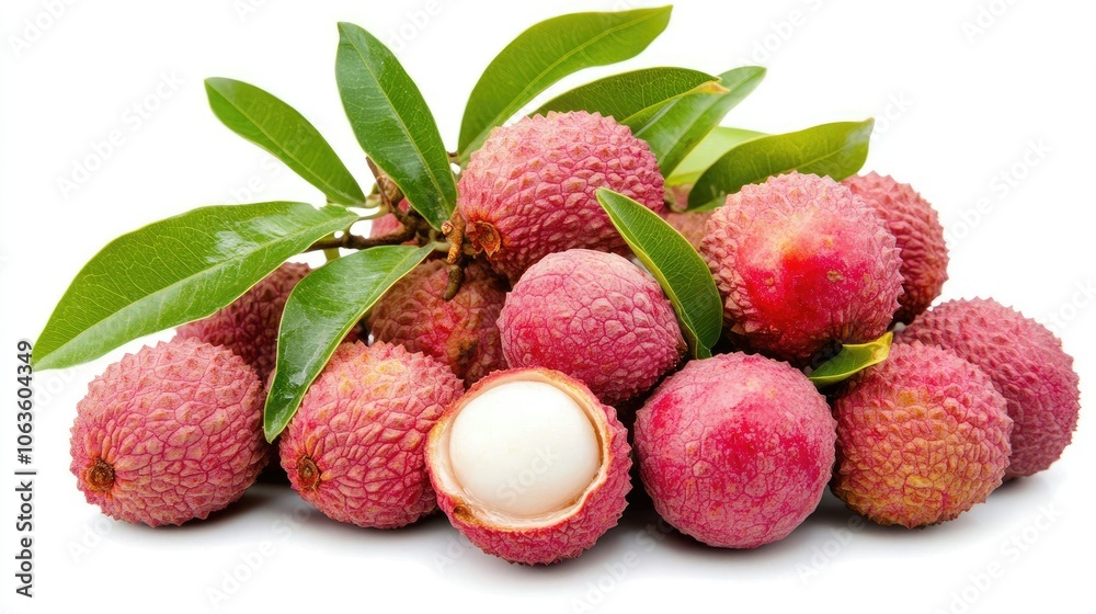 Bunch of fresh lychees with rough red skin, some peeled to reveal soft white flesh, beautifully isolated on a white background. Bunch of fresh lychees with rough red skin, some peeled to reveal soft white flesh, beautifully isolated on a white background.